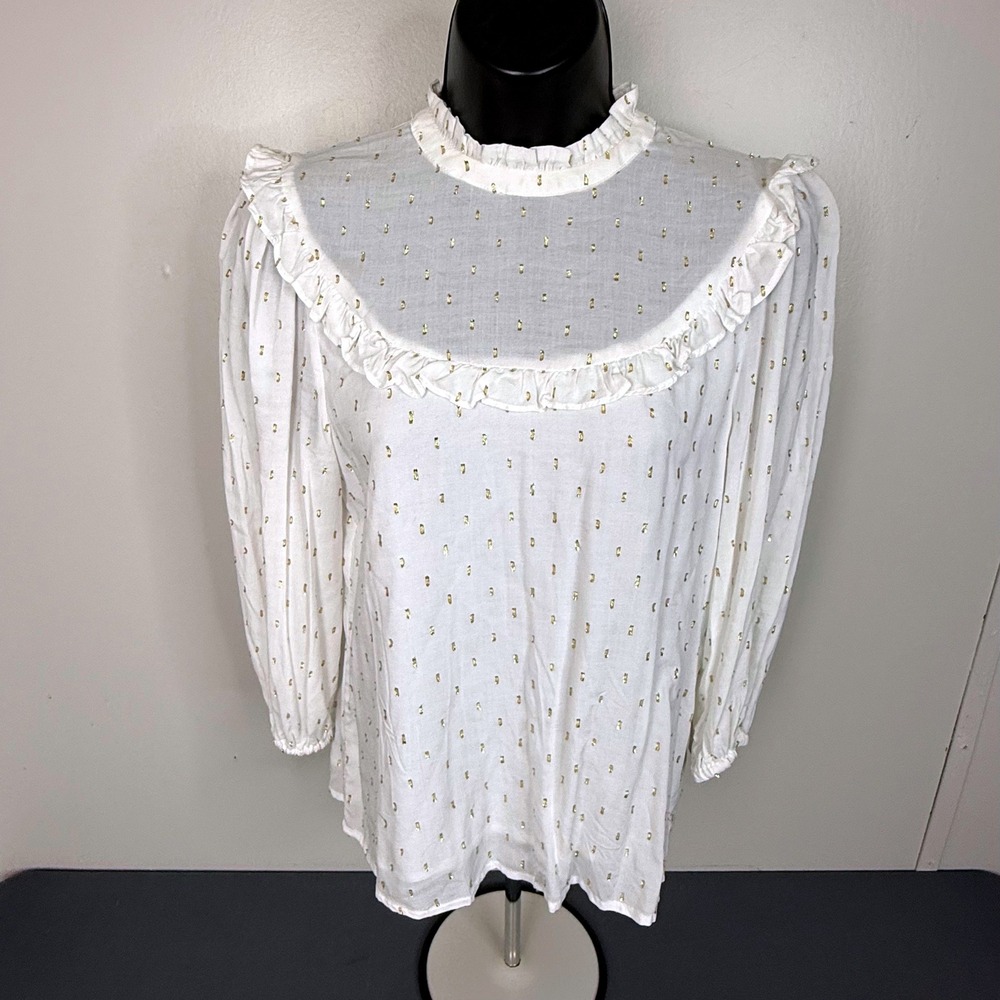 Draper James Blouse Womens XS RSVP White Gold Metallic Ruffle Mock Neck NWOT